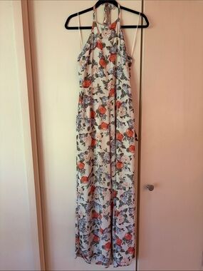 Cotton Candy Floral Halter Jumpsuit in Cream with Orange & Blue Flowers